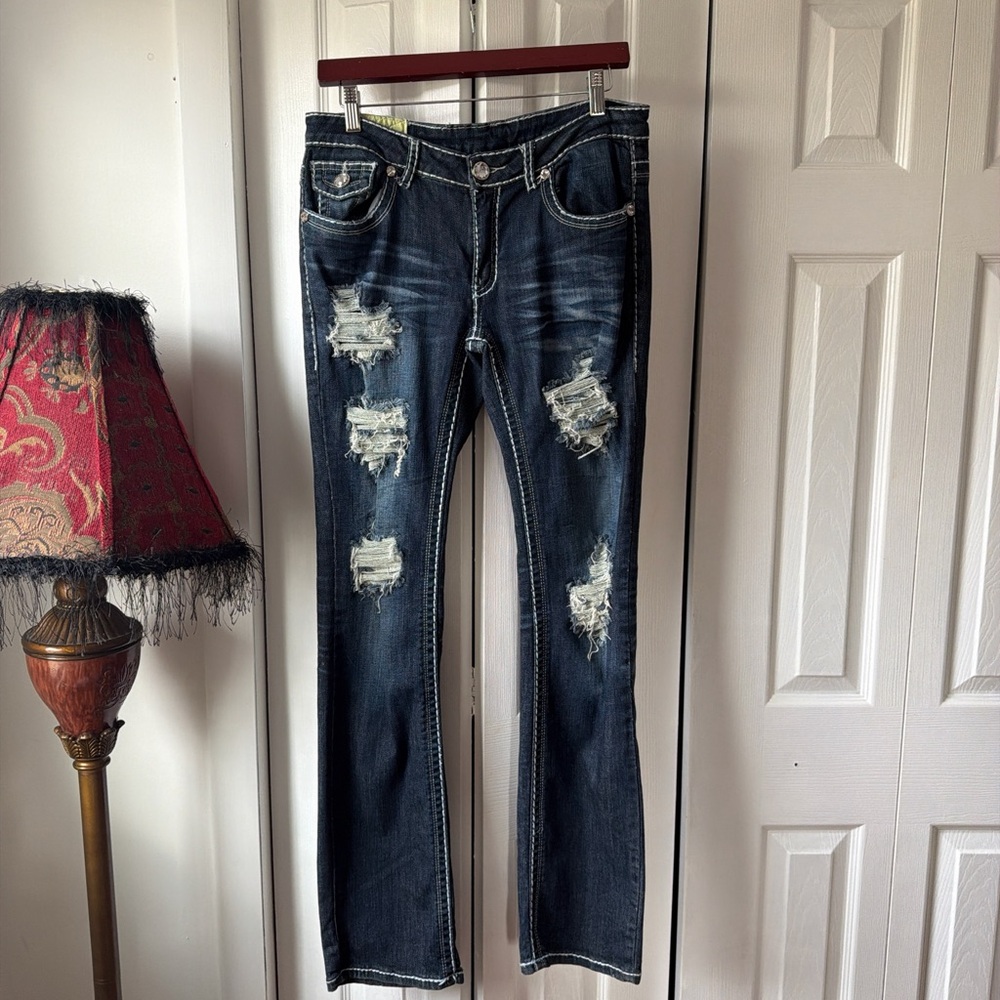 Machine Women's Dark Blue Distressed Boot Cut Jeans